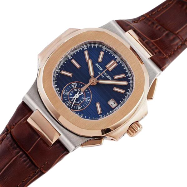 Nautilus Chronograph 5980/1AR in Steel and Rose Gold on Brown Leather Strap - Image 2