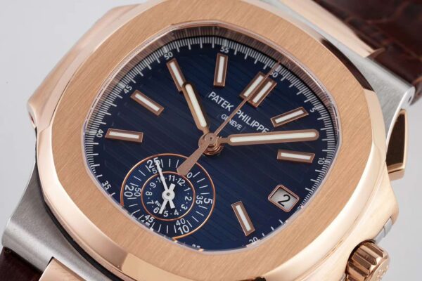 Nautilus Chronograph 5980/1AR in Steel and Rose Gold on Brown Leather Strap - Image 3