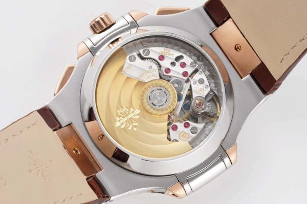 Nautilus Chronograph 5980/1AR in Steel and Rose Gold on Brown Leather Strap - Image 5