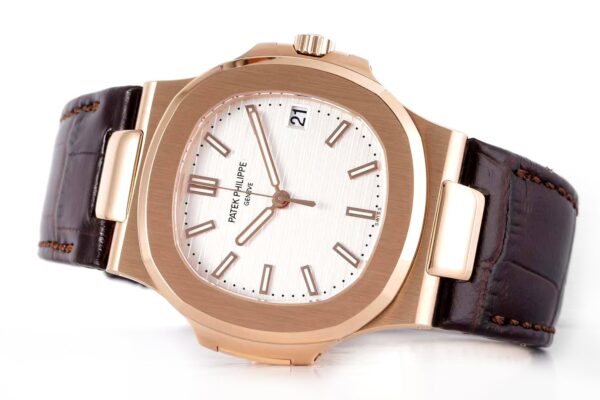 Nautilus Jumbo 5711 White Dial in Rose Gold with Brown Leather Strap - Image 3