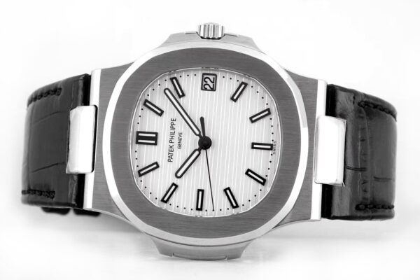 Nautilus Jumbo 5711 White Dial in Steel with Black Leather Strap - Image 4
