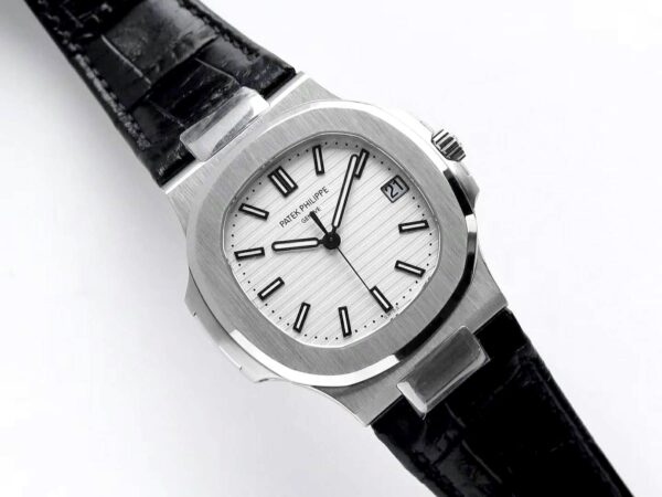 Nautilus Jumbo 5711 White Dial in Steel with Black Leather Strap - Image 2