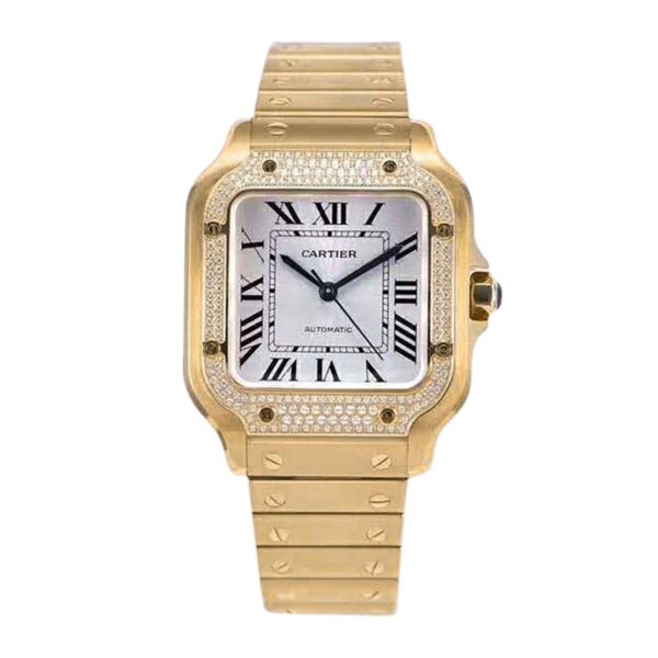 Santos de Cartier White Dial with Diamond Bezel in Yellow Gold