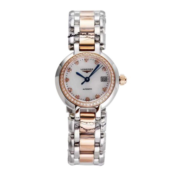 Primaluna MOP White Dial with Diamond Markers and Diamond Bezel in Rose Gold