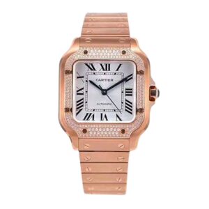 Santos de Cartier White Dial with Diamond Bezel in Rose Gold