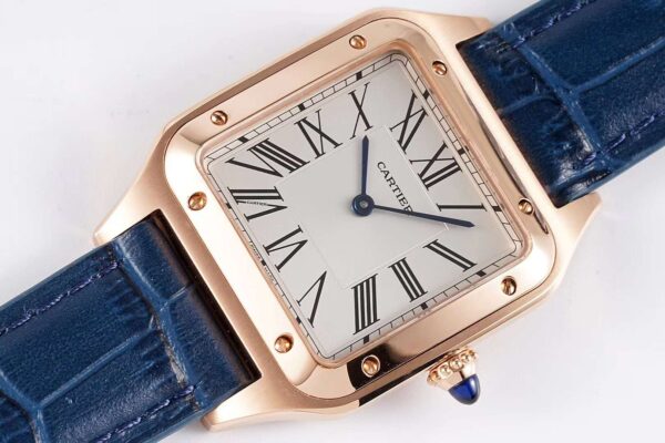 Santos-Dumont White Dial in Rose Gold on Blue Leather Strap - Image 2