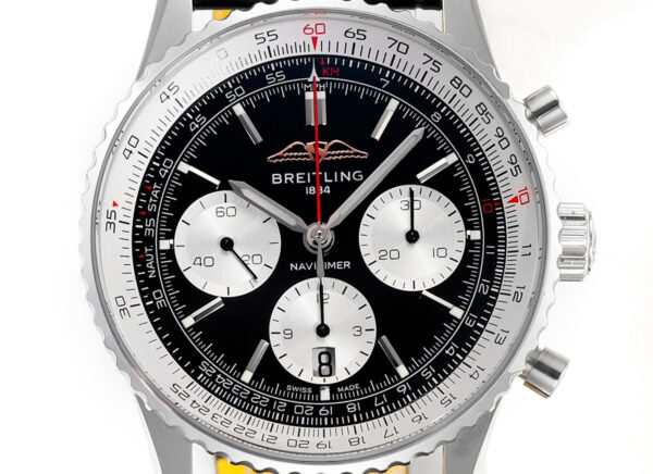 Navitimer B01 Chronograph 43 Black Dial in Steel on Leather Strap Ref. AB0138211B1P1 - Image 7